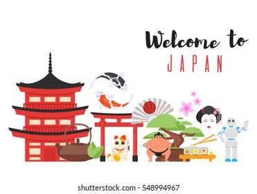 Vector flat style set of Japanese traditional objects. Icon for web. Isolated on white background.