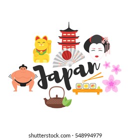 Vector flat style set of Japanese traditional objects. Icon for web. Isolated on white background.