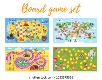 Vector Flat Style Set Of Kids Board Game; Pirate, Travel, Farm And Amusement Park Theme Game. For Print. Horizontal Composition.