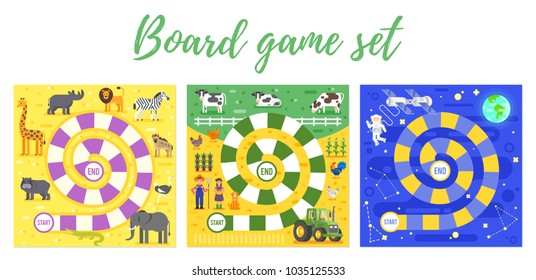 Vector flat style set of kids boardgame; zoo, farm and space theme game. For print. Square composition.

