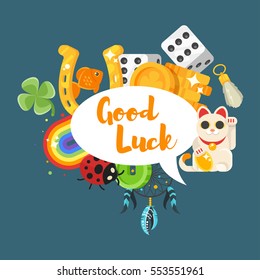 Vector flat style set of luck objects. Coin, clover, rainbow. Icon for web. Isolated on white background.