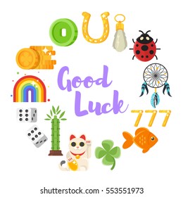 Vector flat style set of luck objects. Coin, clover, rainbow. Icon for web. Isolated on white background.