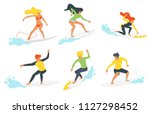 Vector flat style set of man and woman surfers silhouettes with wave.  Minimalism design. Isolated on white background.