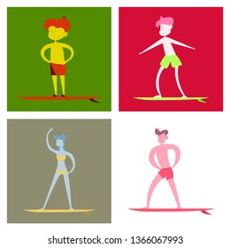Vector flat style set of man and woman surfers silhouettes with wave. Minimalism design. Isolated on background.