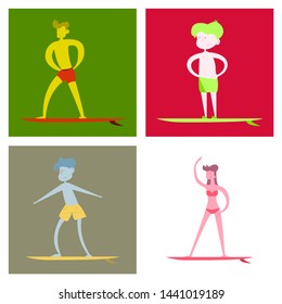 Vector flat style set of man and woman surfers silhouettes with wave. Minimalism design. Isolated on white background.