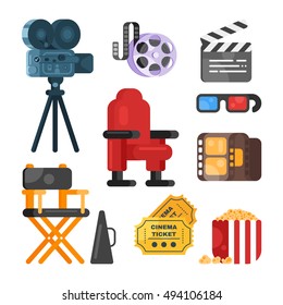 Vector flat style set of old cinema icon for online movies. Isolated on white background. Camera, clapboard, directors chair, tickets, pop corn.