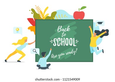 Vector flat style set of people silhouettes in different poses near board with Back to School text. Minimalism design. White background with floral elements and red apple.