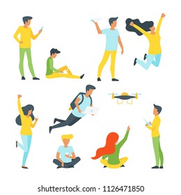 Vector flat style set of people silhouettes in different poses: sitting, standing and jumping. Minimalism design. White background.