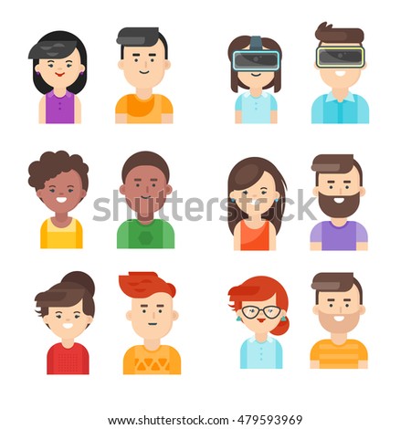 Vector flat style set of people icons. Men and women faces. Isolated on white background. 