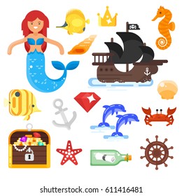Vector flat style set of sea life icons. Isolated on white background.