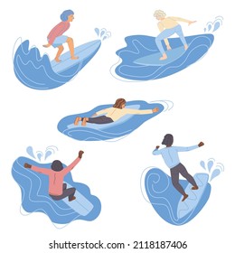 Vector flat style set of surfing man male surfers color silhouettes with waves. Minimalism design jf wave riders in different poses vector illustration