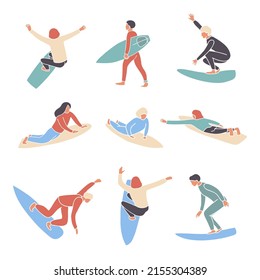 Vector flat style set of surfing boy and girl surfers abstract mosaic stylized. Minimalism design off wave riders in different poses vector illustration