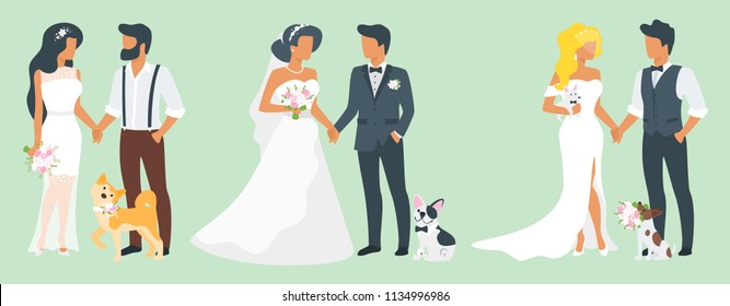Vector flat style set of three couples in love. Marriage ceremony day with pet dog. Man in suit and woman in wedding dress standing and holding hands. Classical, fashion and hipster style of clothes.
