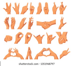 Vector flat style set of various hands gestures. Different signs and emotions. Isolated on white background.