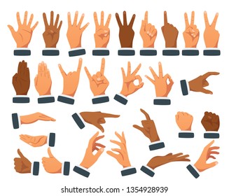 Vector flat style set of various businessman hands gestures. Diversity race skin color. Different signs and emotions. Isolated on white background.