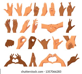 Vector Flat Style Set Of Various Hands Gestures. Diversity Race Skin Color. Different Signs And Emotions. Isolated On White Background.