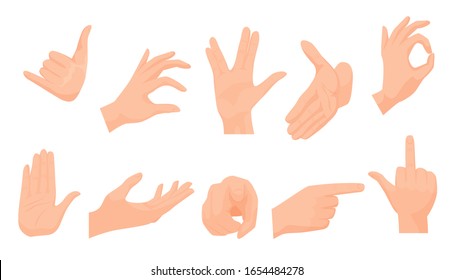 Vector Flat Style Set Of Various Human Hands Gestures. Different Signs And Emotions, Hands Representing, Interactive Communication.