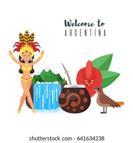 Vector flat style set of Welcome to Argentina template for web banner or poster for tourist.  Argentina national cultural symbols. Isolated on white background.