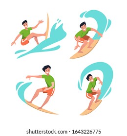 Vector flat style set of woman surfers with wave. Minimalism design. Isolated on white background.