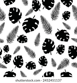 Vector Flat Style Silhouette Palm Leaves Seamless Pattern on White Background. Silhouette Leaves Texture. Tropical palm leaves, jungle leaves seamless vector floral print textile background