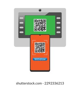 Vector flat style of smartphone scan qr code from automatic teller machine, new technology withdraw for safe, banking and financial service concept, copy space for text, editable shape and object