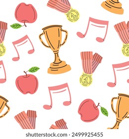 Vector flat style sport Illustration. Sports cup, medal, apple seamless pattern. Back to School.