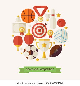 Vector Flat Style Sport Recreation and Competition Colorful Objects Concept. Flat Design Vector Illustration. Collection of Sports and Activities. Set of Team Games First place and Sport Items. 