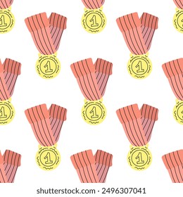 Vector flat style sport and school Illustration. First place medal seamless pattern. Back to Schoo	