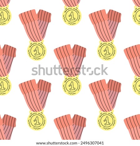 Vector flat style sport and school Illustration. First place medal seamless pattern. Back to Schoo	