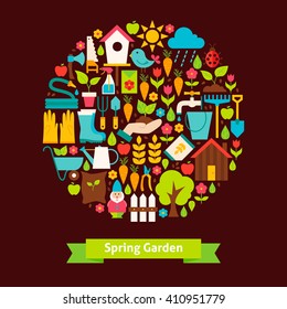 Vector Flat Style Spring Garden Objects. Collection of Nature Gardening Colorful Items. Circle Shape Concept.