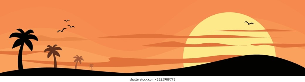 Vector Flat Style Sunset Beach. Vector illustration. Sunset, sea beach and sun, mountains sunrise, palms. Romantic natural view of sunset with silhouette palm trees and flying birds.