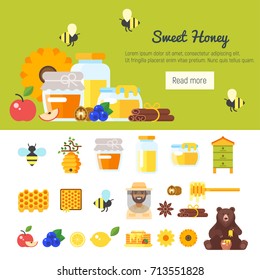 Vector  flat style template for banner with honey and beekeeping icons. Honey jars, bee hive, organic products.