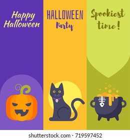 Vector flat style template for Halloween banner with holiday symbols. 