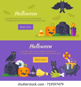 Vector flat style template for Halloween banner with holiday symbols. 
