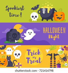 Vector flat style template for Halloween banner with holiday symbols. 