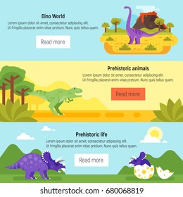 Vector flat style template for web banner with prehistoric landscape and dinosaurs.