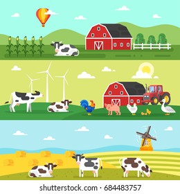 Vector flat style template for web banner. Farm, farmers, farm animals and dairy products.