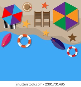 Vector flat style top view of summer plan paper, hat, pen, sun glasses, water melon blue background, relax and journey travel trip concept, copy space for text list and design