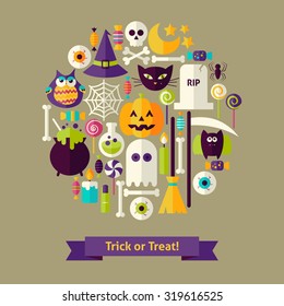 Vector Flat Style Trick or Treat Halloween Objects Concept. Flat Design Vector Illustration. Collection of Halloween Holiday Colorful Objects. Set of Scary Halloween Party Items. 
