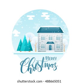 vector flat style two floor house with spruces and trees with lettering quote - merry christmas. It is snowing now.