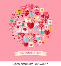 Vector Flat Style Valentines Day Objects Concept. Collection of Love Wedding Holiday Colorful Objects. Set of Save the Date Items. 