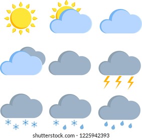 vector flat style weather forecast icons on white background with rain,snow,sun,cloudy clouds and clouds