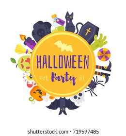 Vector flat style web Halloween banner template design with colorful holiday symbols around. 