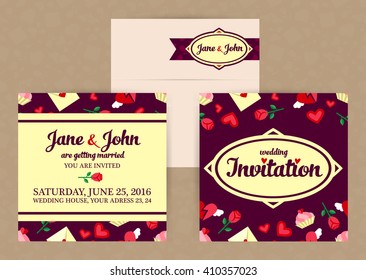 vector flat style wedding invitation and envelope