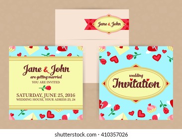 vector flat style wedding invitation and envelope