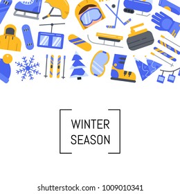 Vector flat style winter sports equipment and attributes icons background with place for text illustration