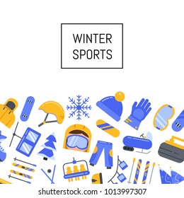 Vector flat style winter sports equipment and attributes icons background with place for text illustration
