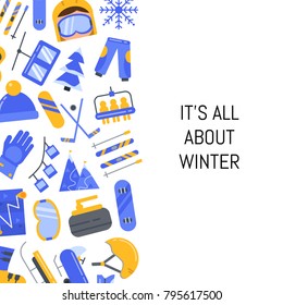 Vector flat style winter sports equipment and attributes icons background with place for text illustration