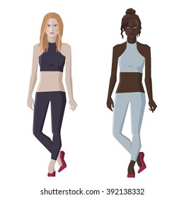 Vector flat style woman figures, different skin types, two standing girls