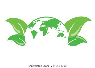 Vector flat style world globe earth with green leaves icon background. Round World Map Isolated on white background. Eco Green, Clean Environment and Green Energy Concept Flat Creative Design Element.